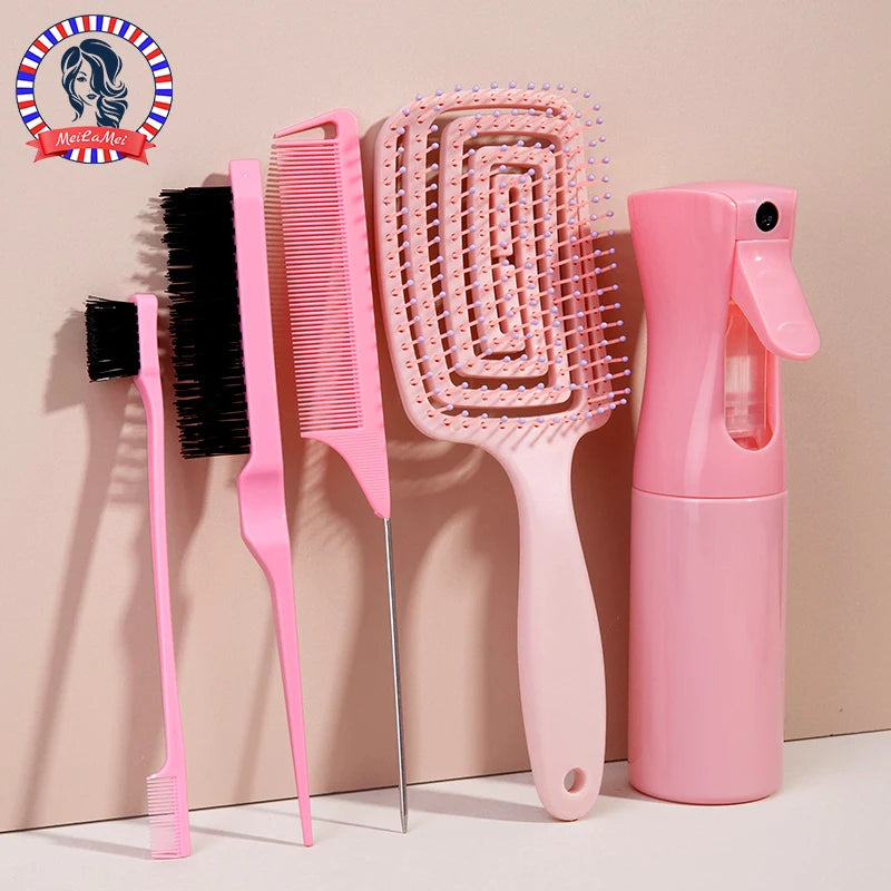 5pcs comb set Relaxing Elastic Massage Comb Hollow Out Hair Brush Scalp Massage Combs Hair Styling Spray bottle Hair Sal