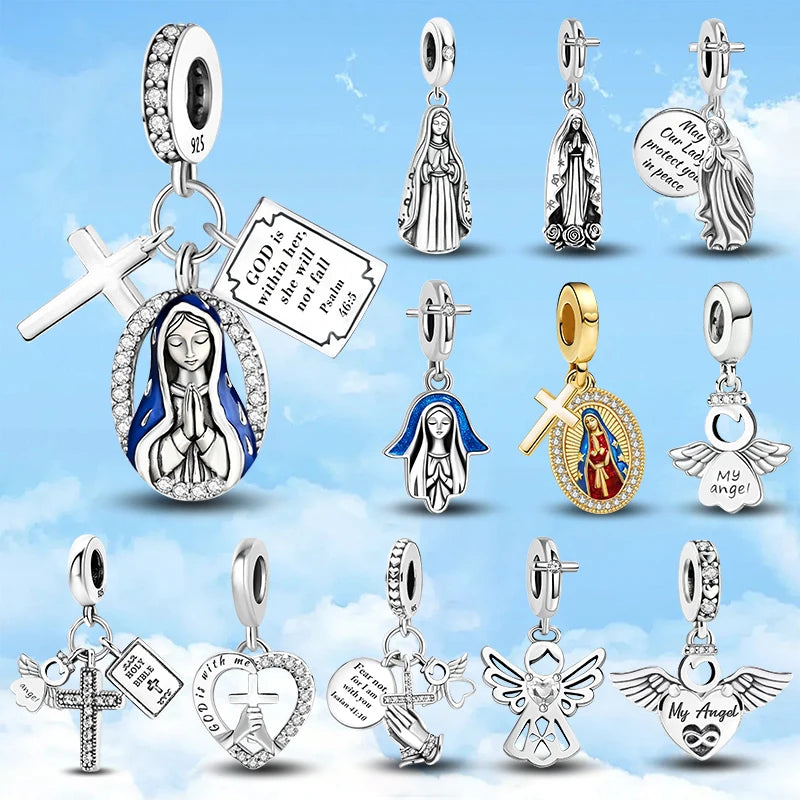 925 Sterling Silver The Bible Cross Sun Moon Blue Series Charms Beads Fit for Women Bracelets DIY High Quality Fine Jewe