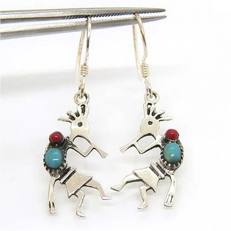 Vintage Ethnic Tribe Design Synthetic Turquoise Silvery Hook Earrings for Women Fashion Unique Festival Celebration Jewe