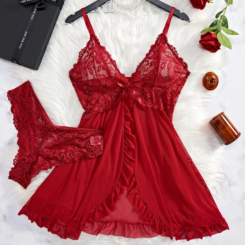 Summer Sexy Lingerie Dress Women Lace See Through Nightdress Sleepwear Solid Slim Soft V Neck Full Slip Sleepwear & Dres