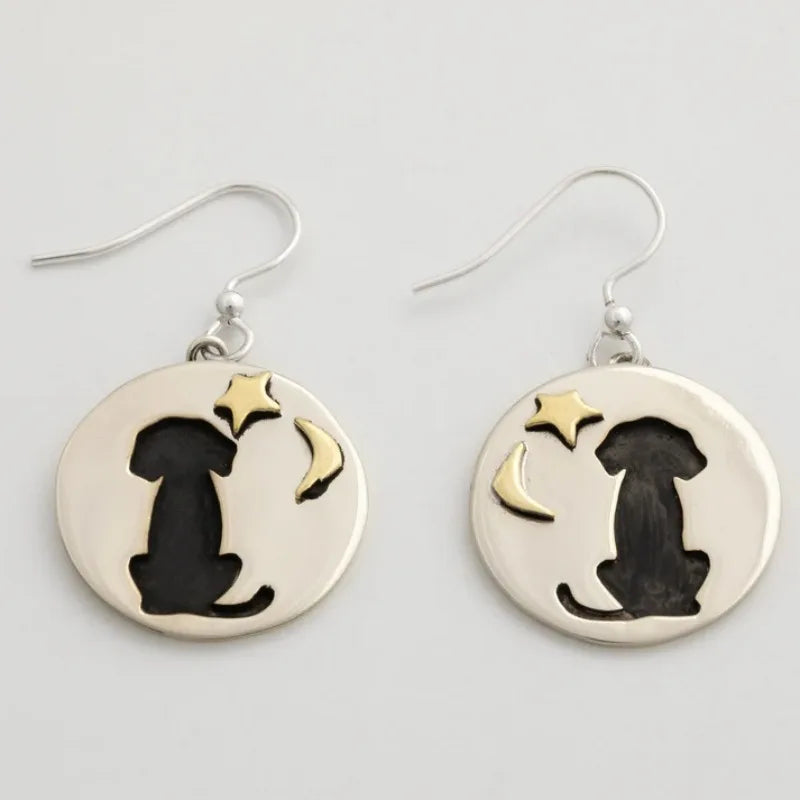 Geometric Circle Animal Dog Moon Star Pattern Dangle Earrings For Women Girls Silvery Color Earrings Cute Jewelry