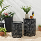 Glitzhome Outdoor Side Table Set of 2, Decorative Garden Stool for Patio Heavy Duty Metal Frame Accent Table Modern End Table, Glossy Black